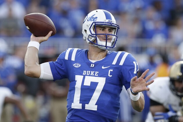 Duke quarterback Daniel Jones (17) passes against Army during the first half of an NCAA college football game in Durham, N.C., Friday, Aug. 31, 2018. (AP Photo/Gerry Broome)