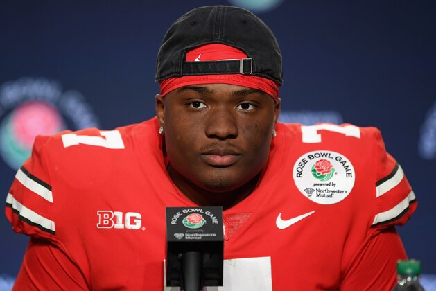PASADENA, CA - JANUARY 01:  Dwayne Haskins #7 of the Ohio State Buckeyes speaks to the media after winning the Rose Bowl Game presented by Northwestern Mutual at the Rose Bowl on January 1, 2019 in Pasadena, California.  (Photo by Harry How/Getty Images)