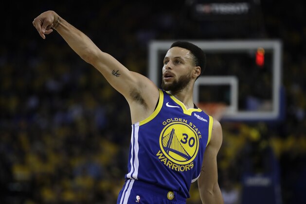 Golden State Warriors' Stephen Curry watches his shot against the Los Angeles Clippers in the first half in Game 5 of a first-round NBA basketball playoff series, Wednesday, April 24, 2019, in Oakland, Calif. (AP Photo/Ben Margot)