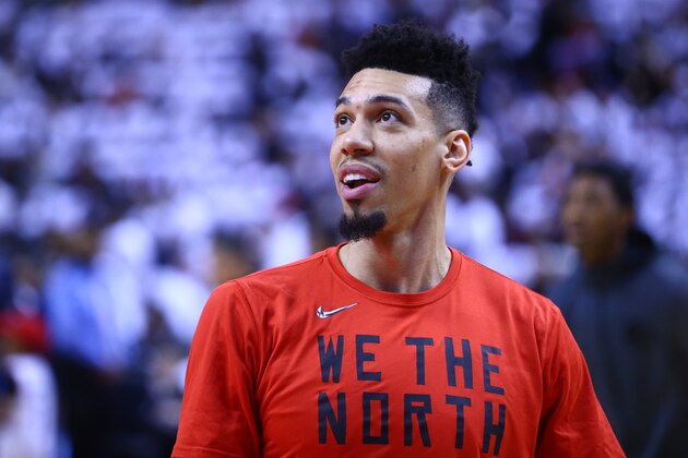 TORONTO, ON - APRIL 27:  Danny Green #14 of the Toronto Raptors looks on during warm up, prior to Game One of the second round of the 2019 NBA Playoffs against the Philadelphia 76ers at Scotiabank Arena on April 27, 2019 in Toronto, Canada.  NOTE TO USER: User expressly acknowledges and agrees that, by downloading and or using this photograph, User is consenting to the terms and conditions of the Getty Images License Agreement.  (Photo by Vaughn Ridley/Getty Images)