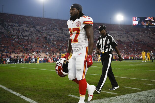 Kansas City Chiefs running back Kareem Hunt walks off the field prior to an NFL football game against the Los Angeles Rams Monday, Nov. 19, 2018, in Los Angeles. (AP Photo/Kelvin Kuo)