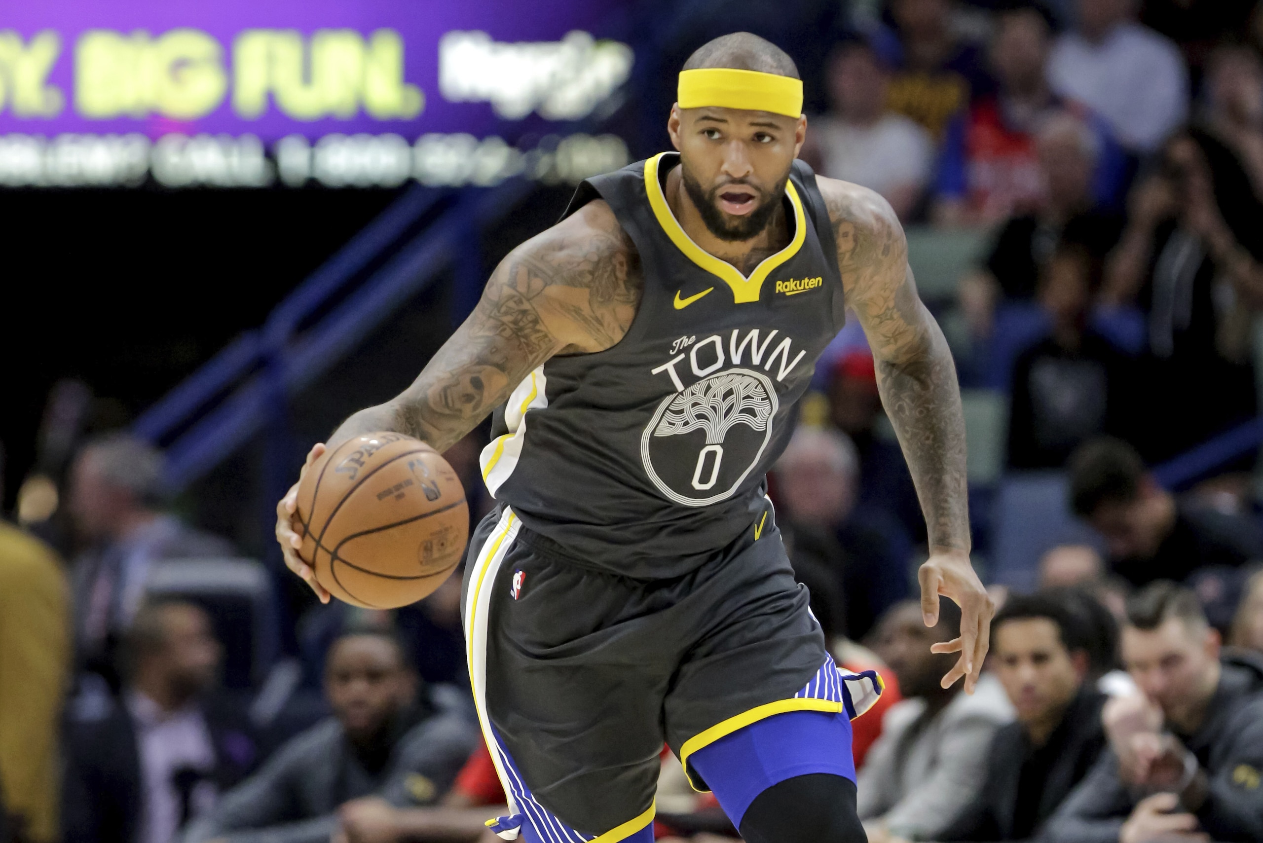 Golden State Warriors center DeMarcus Cousins (0) brings the ball up court against the New Orleans Pelicans in the first half of an NBA basketball game in New Orleans, Tuesday, April 9, 2019. (AP Photo/Scott Threlkeld) Golden State Warriors center DeMarcus Cousins (0) brings the ball up court against the New Orleans Pelicans in the first half of an NBA basketball game in New Orleans, Tuesday, April 9, 2019. (AP Photo/Scott Threlkeld)