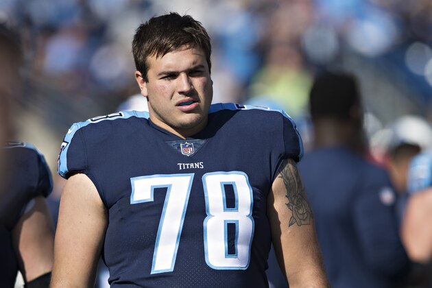 NASHVILLE, TN - DECEMBER 3:  Jack Conklin #78 of the Tennessee Titans on the sidelines before a game against the Houston Texans at Nissan Stadium on December 3, 2017 in Nashville, Tennessee.  The Titans defeated the Texans 23-14.  (Photo by Wesley Hitt/Getty Images)