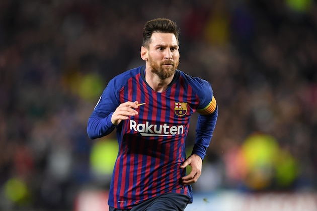 BARCELONA, SPAIN - MAY 01:   Lionel Messi of Barcelona celebrates after he scores his sides third goal during the UEFA Champions League Semi Final first leg match between Barcelona and Liverpool at the Nou Camp on May 01, 2019 in Barcelona, Spain. (Photo by Matthias Hangst/Getty Images)