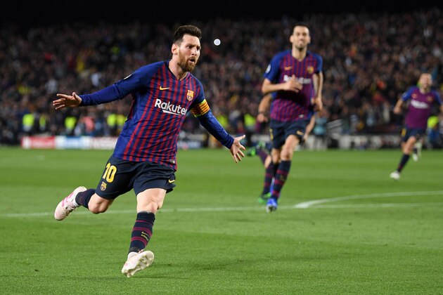 BARCELONA, SPAIN - MAY 01:   Lionel Messi of Barcelona celebrates after he scores his sides third goal during the UEFA Champions League Semi Final first leg match between Barcelona and Liverpool at the Nou Camp on May 01, 2019 in Barcelona, Spain. (Photo by Matthias Hangst/Getty Images)