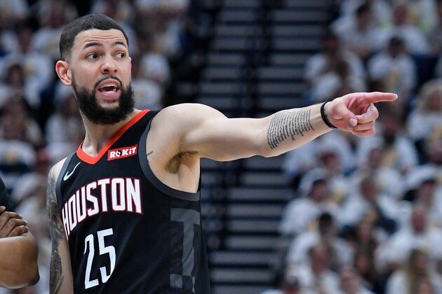 SALT LAKE CITY, UT - APRIL 22: Austin Rivers #25 of the Houston Rockets gestures on court against the Utah Jazz in Game Four during the first round of the 2019 NBA Western Conference Playoffs at Vivint Smart Home Arena on April 22, 2019 in Salt Lake City, Utah. NOTE TO USER: User expressly acknowledges and agrees that, by downloading and or using this photograph, User is consenting to the terms and conditions of the Getty Images License Agreement. (Photo by Gene Sweeney Jr./Getty Images)