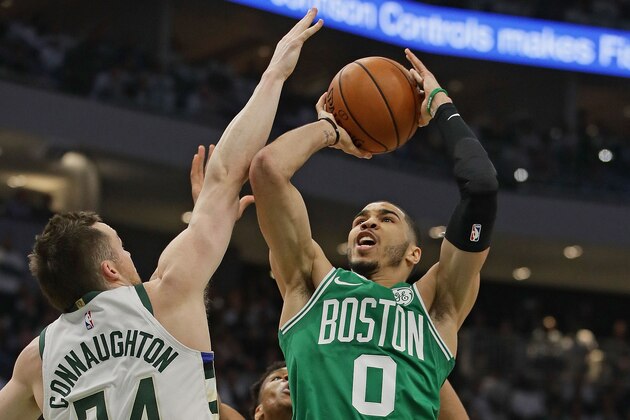 MILWAUKEE, WISCONSIN - APRIL 30: Jayson Tatum #0 of the Boston Celtics shoots against Pat Connaughton #24 of the Milwaukee Bucks at Fiserv Forum on April 30, 2019 in Milwaukee, Wisconsin. NOTE TO USER: User expressly acknowledges and agrees that, by downloading and or using this photograph, User is consenting to the terms and conditions of the Getty Images License Agreement. (Photo by Jonathan Daniel/Getty Images)