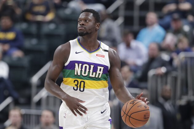 New Orleans Pelicans center Julius Randle (30) plays against the Indiana Pacers during the first half of an NBA basketball game in Indianapolis, Friday, Feb. 22, 2019. (AP Photo/Michael Conroy)