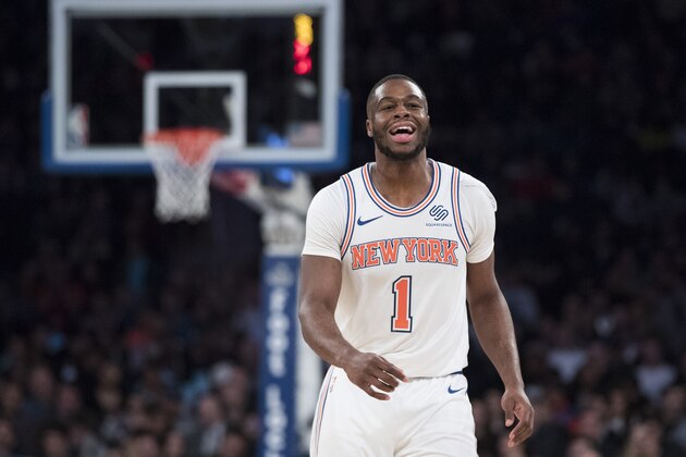 New York Knicks guard Emmanuel Mudiay reacts during the second half of an NBA basketball game against the Denver Nuggets, Friday, March 22, 2019, at Madison Square Garden in New York. The Nuggets won 111-93. (AP Photo/Mary Altaffer)