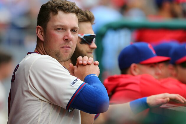 PHILADELPHIA, PA - APRIL 28: Rhys Hoskins #17 of the Philadelphia Phillies goes over his swing in in the dugout during a game against the Miami Marlins at Citizens Bank Park on April 28, 2019 in Philadelphia, Pennsylvania. (Photo by Rich Schultz/Getty Images)