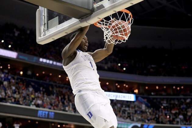 WASHINGTON, DC - MARCH 29: Zion Williamson #1 of the Duke Blue Devils dunks the ball against the Virginia Tech Hokies during the second half in the East Regional game of the 2019 NCAA Men's Basketball Tournament at Capital One Arena on March 29, 2019 in Washington, DC. (Photo by Patrick Smith/Getty Images)
