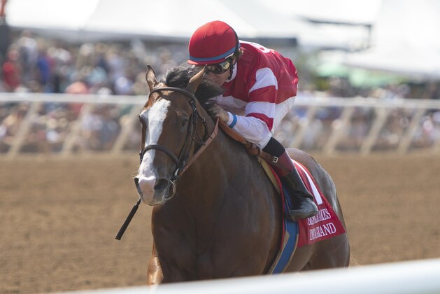 SALONA BEACH, CALIFORNIA- AUGUST 11: Instagrand, with Drayden Van Dyke up, wins the G2 Best Pal Stakes for trainer Jerry Hollendorfer and owner OXO Equine, Del Mar Thoroughbred Club, CA on August 11, 2018 in Salona Beach, California (Photo by Horsephotos/Getty Images)