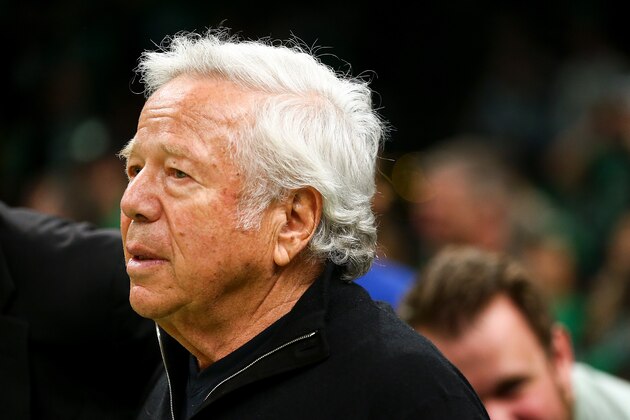 BOSTON, MA - APRIL 14:  Robert Kraft, owner of the New England Patriots looks on during Game One of the first round of the 2019 NBA Eastern Conference Playoffs between the Boston Celtics and the Indiana Pacers at TD Garden on April 14, 2019 in Boston, Massachusetts. NOTE TO USER: User expressly acknowledges and agrees that, by downloading and or using this photograph, User is consenting to the terms and conditions of the Getty Images License Agreement. (Photo by Adam Glanzman/Getty Images)