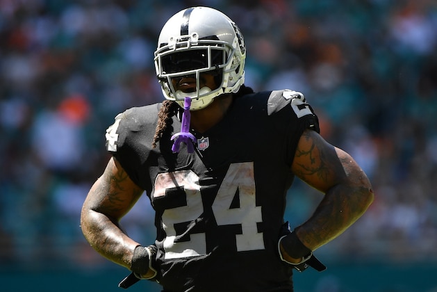 MIAMI, FL - SEPTEMBER 23: Marshawn Lynch #24 of the Oakland Raiders during the game against the Miami Dolphins at Hard Rock Stadium on September 23, 2018 in Miami, Florida. (Photo by Mark Brown/Getty Images)
