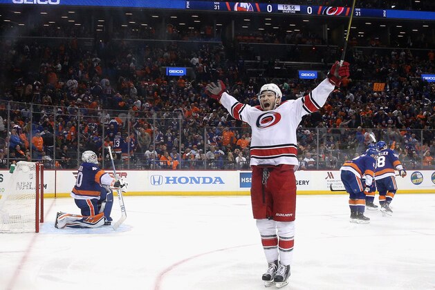 NEW YORK, NEW YORK - APRIL 26: The Carolina Hurricanes celebrates a 1-0 overtime win over the New York Islanders in Game One of the Eastern Conference Second Round during the 2019 NHL Stanley Cup Playoffs at the Barclays Center on April 26, 2019 in the Brooklyn borough of New York City. (Photo by Bruce Bennett/Getty Images)