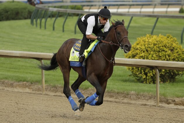 Kentucky Derby entrant Game Winner is ridden during a workout at Churchill Downs Wednesday, May 1, 2019, in Louisville, Ky. The 145th running of the Kentucky Derby is scheduled for Saturday, May 4. (AP Photo/Charlie Riedel)