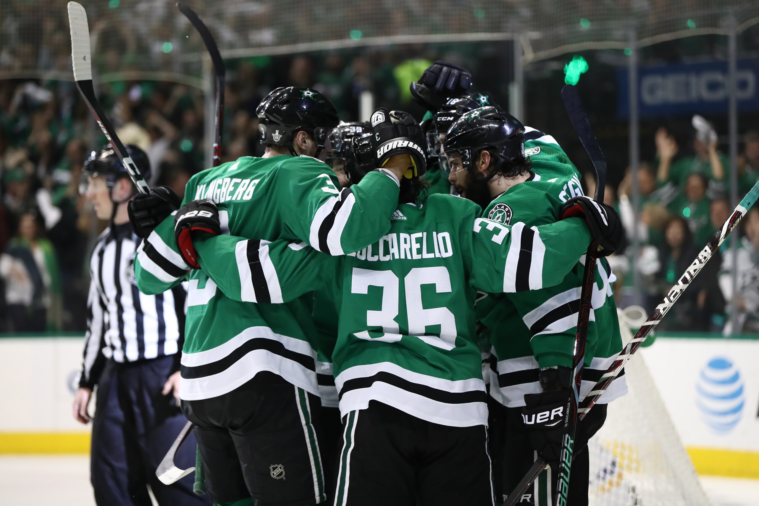 DALLAS, TEXAS - MAY 01:  The Dallas Stars celebrate a goal against the St. Louis Blues during the first period of Game Four of the Western Conference Second Round of the 2019 NHL Stanley Cup Playoffs at American Airlines Center on May 1, 2019 in Dallas, Texas. (Photo by Ronald Martinez/Getty Images)