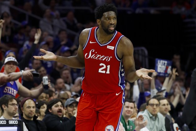 Philadelphia 76ers' Joel Embiid celebrates after a basket during the second half of an NBA basketball game against the Sacramento Kings, Friday, March 15, 2019, in Philadelphia. Philadelphia won 123-114. (AP Photo/Matt Slocum)