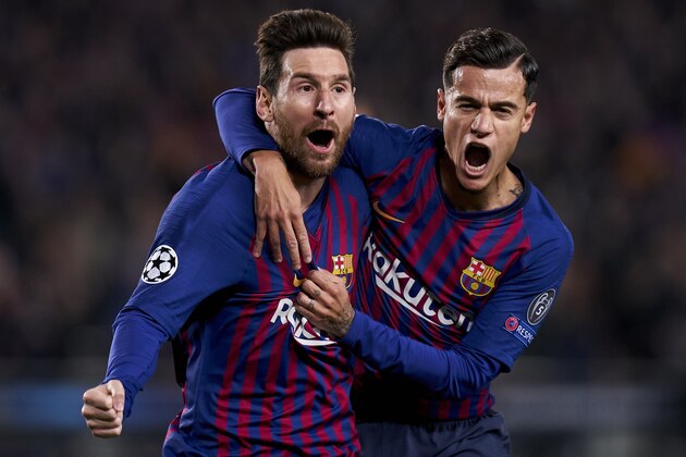 BARCELONA, SPAIN - APRIL 16: Lionel Messi of Barcelona celebrates his firts goal during the UEFA Champions League Quarter Final second leg match between FC Barcelona and Manchester United at Camp Nou on April 16, 2019 in Barcelona, Spain. (Photo by Quality Sport Images/Getty Images)