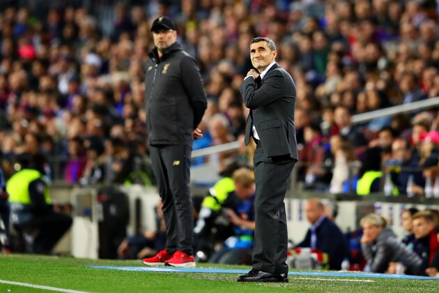 BARCELONA, SPAIN - MAY 01: Barcelona head coach Ernesto Valverde looks on from the sidelines during the UEFA Champions League Semi Final first leg match between Barcelona and Liverpool at the Nou Camp on May 01, 2019 in Barcelona, Spain. (Photo by Chris Brunskill/Fantasista/Getty Images)