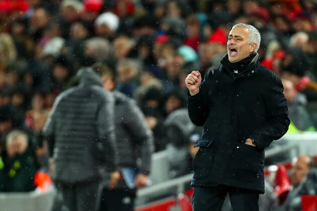 LIVERPOOL, ENGLAND - DECEMBER 16: Jose Mourinho the head coach / manager of Manchester United during the Premier League match between Liverpool FC and Manchester United at Anfield on December 16, 2018 in Liverpool, United Kingdom. (Photo by Robbie Jay Barratt - AMA/Getty Images)