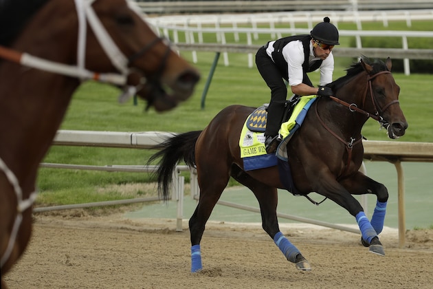 Kentucky Derby entrant Game Winner is ridden during a workout at Churchill Downs Wednesday, May 1, 2019, in Louisville, Ky. The 145th running of the Kentucky Derby is scheduled for Saturday, May 4. (AP Photo/Charlie Riedel)