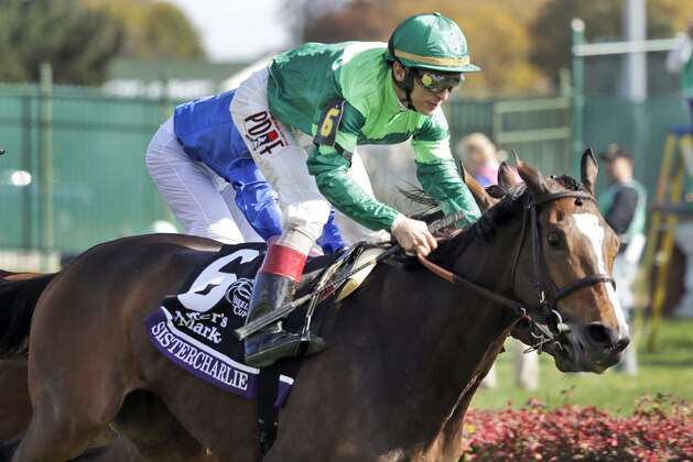 John Velazquez rides Sistercharlie to victory in the Breeders' Cup horse race Filly and Mare Turf at Churchill Downs, Saturday, Nov. 3, 2018, in Louisville, Ky. (AP Photo/Darron Cummings)