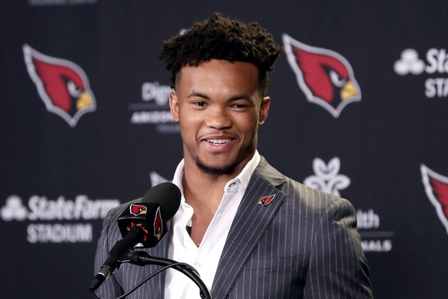 Arizona Cardinals NFL football quarterback Kyler Murray speaks to the media, Friday, April 26, 2019, at the Cardinals' practice facility in Tempe, Ariz. Murray was the first overall pick in the 2019 NFL Football draft. (AP Photo/Matt York)