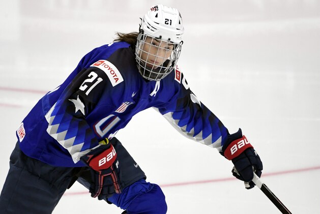 Hilary Knight of the US is pictured during the quarterfinal match USA vs Japan of the IIHF Women's Ice Hockey World Championships in Espoo, Finland on April 11, 2019. (Photo by Markku Ulander / Lehtikuva / AFP) / Finland OUT        (Photo credit should read MARKKU ULANDER/AFP/Getty Images)