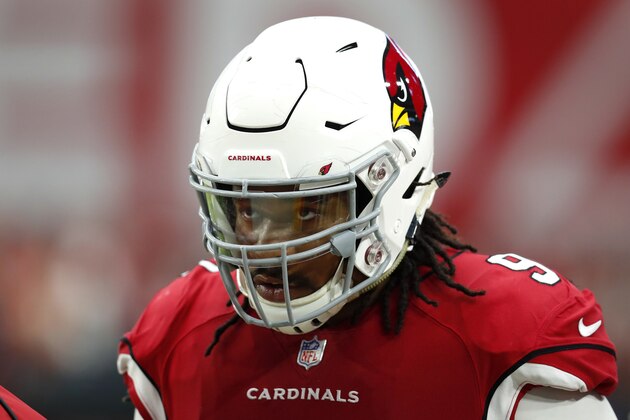 Arizona Cardinals defensive lineman Robert Nkemdiche (90) warms up prior to an NFL football game against the San Francisco 49ers, Sunday, Oct. 28, 2018, in Glendale, Ariz. (AP Photo/Ralph Freso)