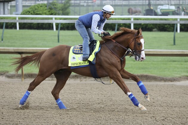 Improbable is seen during morning training at Churchill Downs Thursday, May 2, 2019, in Louisville, Ky. The 145th running of the Kentucky Derby is scheduled for Saturday, May 4. (AP Photo/Gregory Payan) Improbable is seen during morning training at Churchill Downs Thursday, May 2, 2019, in Louisville, Ky. The 145th running of the Kentucky Derby is scheduled for Saturday, May 4. (AP Photo/Gregory Payan)
