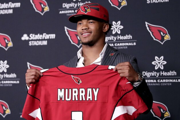 Arizona Cardinals NFL football quarterback Kyler Murray is introduced, Friday, April 26, 2019, at the Cardinals' practice facility in Tempe, Ariz. Murray was the first overall pick in the 2019 NFL Football draft. (AP Photo/Matt York)