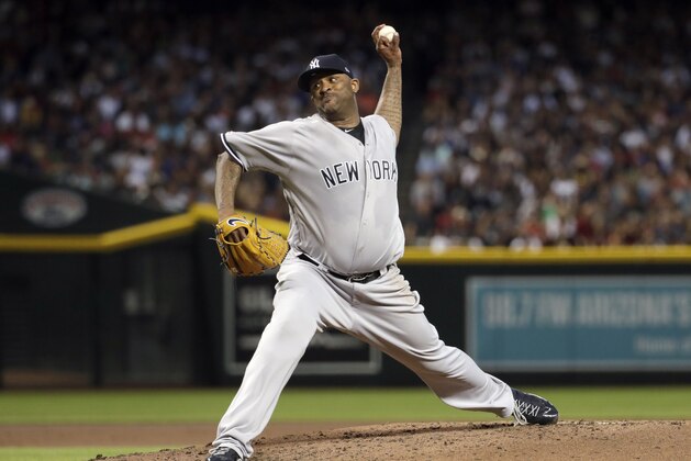 New York Yankees starting pitcher CC Sabathia throws a pitch for his 3,000th career strikeout, during the second inning of the team's baseball game against the Arizona Diamondbacks, Tuesday, April 30, 2019, in Phoenix. (AP Photo/Matt York)