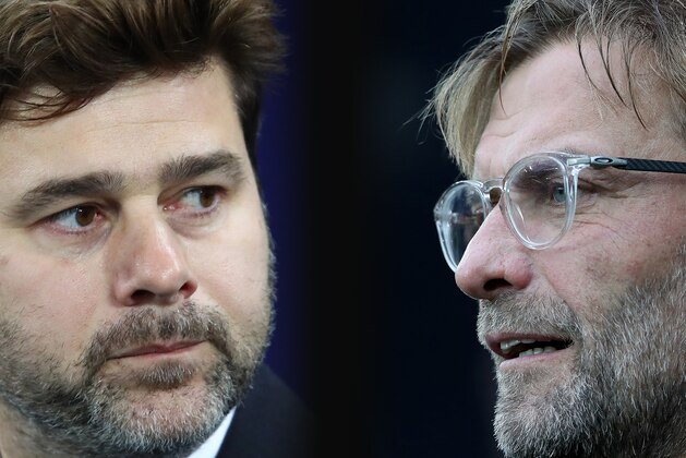 FILE PHOTO (EDITORS NOTE: COMPOSITE OF IMAGES - Image numbers 887122058,856402376 - GRADIENT ADDED) In this composite image a comparison has been made between Mauricio Pochettino, Manager of Tottenham Hotspur  (L) and  Liverpool manager Jurgen Klopp.  Tottenham Hotspur and Liverpool  meet in a Premier League match on September 15, 2018 in London. ***LEFT IMAGE*** LONDON, ENGLAND - DECEMBER 06: Mauricio Pochettino, Manager of Tottenham Hotspur looks on prior to the UEFA Champions League group H match between Tottenham Hotspur and APOEL Nicosia at Wembley Stadium on December 6, 2017 in London, United Kingdom. (Photo by Julian Finney/Getty Images) ***RIGHT IMAGE*** NEWCASTLE UPON TYNE, ENGLAND - OCTOBER 01: Liverpool manager Jurgen Klopp looks on during the Premier League match between Newcastle United and Liverpool at St. James Park on October 1, 2017 in Newcastle upon Tyne, England. (Photo by Ian MacNicol/Getty Images)