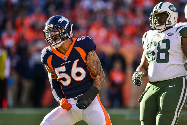 DENVER, CO - DECEMBER 10:  Outside linebacker Shane Ray #56 of the Denver Broncos celebrates a defensive pass broken up at Sports Authority Field at Mile High on December 10, 2017 in Denver, Colorado. (Photo by Dustin Bradford/Getty Images)