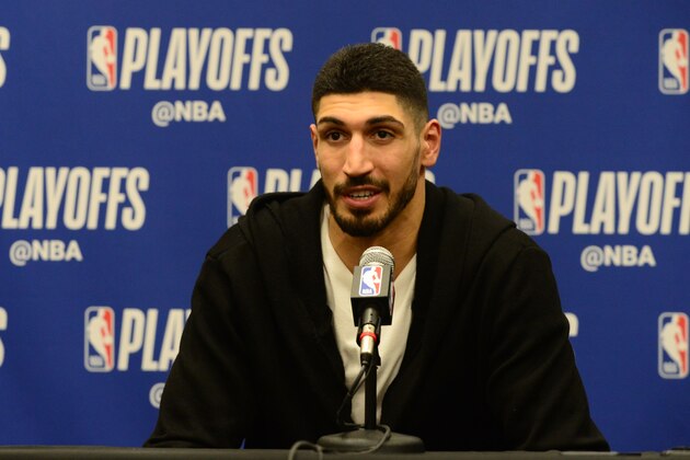 DENVER, CO - APRIL 29: Enes Kanter #00 of the Portland Trail Blazers is interviewed after a game against the Denver Nuggets after Game One of the Western Conference Semifinals of the 2019 NBA Playoffs on April 29, 2019 at the Pepsi Center in Denver, Colorado. NOTE TO USER: User expressly acknowledges and agrees that, by downloading and/or using this photograph, user is consenting to the terms and conditions of the Getty Images License Agreement. Mandatory Copyright Notice: Copyright 2019 NBAE (Photo by Bart Young/NBAE via Getty Images)
