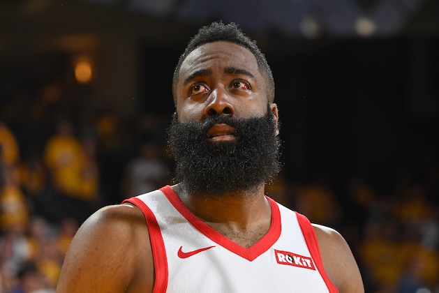 OAKLAND, CA - APRIL 30: James Harden #13 of the Houston Rockets looks on during the game against the Golden State Warriors during Game Two of the Western Conference Semi-Finals of the 2019 NBA Playoffs on April 30, 2019 at ORACLE Arena in Oakland, California. NOTE TO USER: User expressly acknowledges and agrees that, by downloading and or using this photograph, user is consenting to the terms and conditions of Getty Images License Agreement. Mandatory Copyright Notice: Copyright 2019 NBAE (Photo by Andrew D. Bernstein/NBAE via Getty Images)