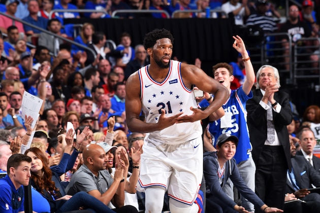 PHILADELPHIA, PA - MAY 2: Joel Embiid #21 of the Philadelphia 76ers reacts during a game against the Toronto Raptors during Game Three of the Eastern Conference Semifinals on May 2, 2019 at the Wells Fargo Center in Philadelphia, Pennsylvania NOTE TO USER: User expressly acknowledges and agrees that, by downloading and/or using this Photograph, user is consenting to the terms and conditions of the Getty Images License Agreement. Mandatory Copyright Notice: Copyright 2019 NBAE (Photo by Jesse D. Garrabrant/NBAE via Getty Images)