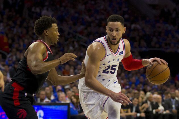 PHILADELPHIA, PA - MAY 02: Ben Simmons #25 of the Philadelphia 76ers drives to the basket against Kyle Lowry #7 of the Toronto Raptors in the second quarter of Game Three of the Eastern Conference Semifinals at the Wells Fargo Center on May 2, 2019 in Philadelphia, Pennsylvania. NOTE TO USER: User expressly acknowledges and agrees that, by downloading and or using this photograph, User is consenting to the terms and conditions of the Getty Images License Agreement. (Photo by Mitchell Leff/Getty Images)