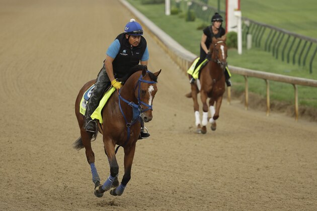 Kentucky Derby entrants By My Standards, left, and Country House run on the track during a workout at Churchill Downs Thursday, May 2, 2019, in Louisville, Ky. The 145th running of the Kentucky Derby is scheduled for Saturday, May 4. (AP Photo/Charlie Riedel)