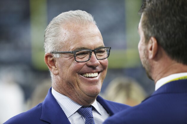 Dallas Cowboys Executive Vice President Stephen Jones looks on before an NFL football game between the Dallas Cowboys and the New York Giants in Arlington, Texas, Sunday, Sept. 16, 2018. (AP Photo/Ron Jenkins)