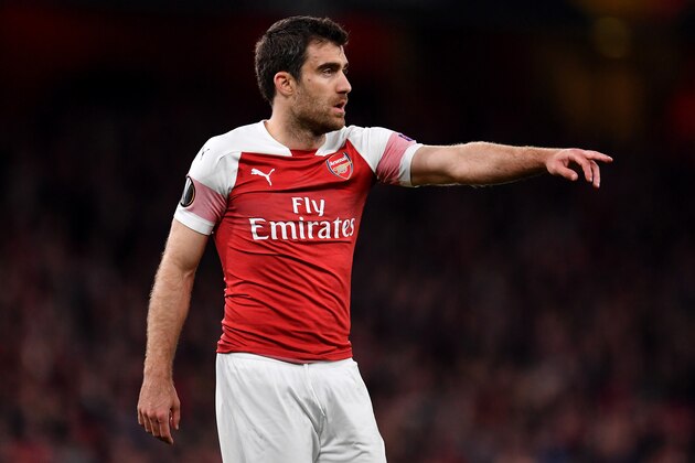 LONDON, ENGLAND - MAY 02: Sokratis Papastathopoulos of Arsenal reacts during the UEFA Europa League Semi Final First Leg match between Arsenal and Valencia at Emirates Stadium on May 2, 2019 in London, England. (Photo by Justin Setterfield/Getty Images,)