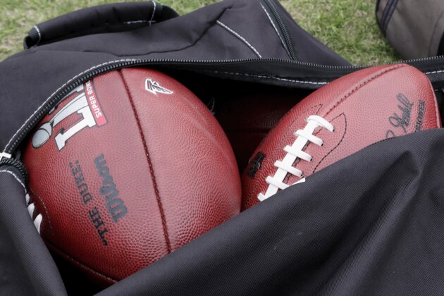 HOUSTON, TX - FEBRUARY 03:  A view of footballs with the Super Bowl LI and Atlanta Falcons logos at the Super Bowl LI practice on February 3, 2017 in Houston, Texas.  (Photo by Tim Warner/Getty Images)