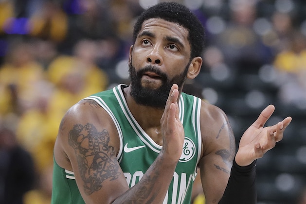 Boston Celtics' Kyrie Irving reacts during the second half of Game 3 of the team's NBA basketball first-round playoff series against the Indiana Pacers, Friday, April 19, 2019, in Indianapolis. Boston won 104-96. (AP Photo/Darron Cummings)