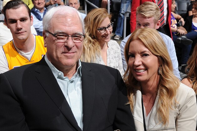 LOS ANGELES, CA - MARCH 12: Phil Jackson, President of the New York Knicks and Jeanie Buss, President of the Los Angeles Lakers pose for a photo at STAPLES Center on March 12, 2015 in Los Angeles, California. NOTE TO USER: User expressly acknowledges and agrees that, by downloading and/or using this Photograph, user is consenting to the terms and conditions of the Getty Images License Agreement. Mandatory Copyright Notice: Copyright 2015 NBAE (Photo by Andrew D. Bernstein/NBAE via Getty Images)