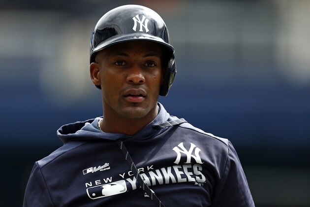 New York Yankees' Miguel Andujar takes batting practice prior to a baseball game against the Kansas City Royals on Sunday April 21, 2019, in New York. (AP Photo/Adam Hunger)