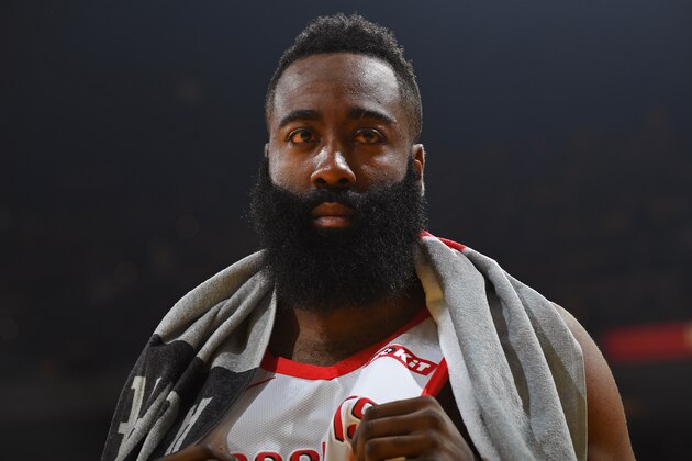 OAKLAND, CA - APRIL 30: A close-up shot of James Harden #13 of the Houston Rockets during a game against the Golden State Warriors during Game Two of the Western Conference Semi-Finals of the 2019 NBA Playoffs on April 30, 2019 at ORACLE Arena in Oakland, California. NOTE TO USER: User expressly acknowledges and agrees that, by downloading and or using this photograph, user is consenting to the terms and conditions of Getty Images License Agreement. Mandatory Copyright Notice: Copyright 2019 NBAE (Photo by Andrew D. Bernstein/NBAE via Getty Images)