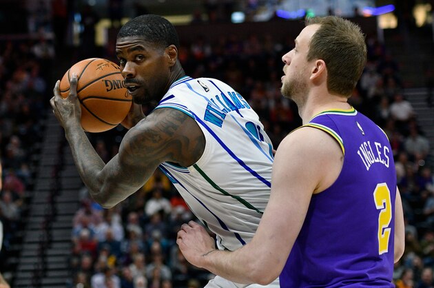 SALT LAKE CITY, UT -APRIL 01: Marvin Williams #2 of the Charlotte Hornets looks around the defense of Joe Ingles #2 of the Utah Jazz in the first half of a NBA game at Vivint Smart Home Arena on April 01, 2019 in Salt Lake City, Utah. NOTE TO USER: User expressly acknowledges and agrees that, by downloading and or using this photograph, User is consenting to the terms and conditions of the Getty Images License Agreement. (Photo by Gene Sweeney Jr./Getty Images)
