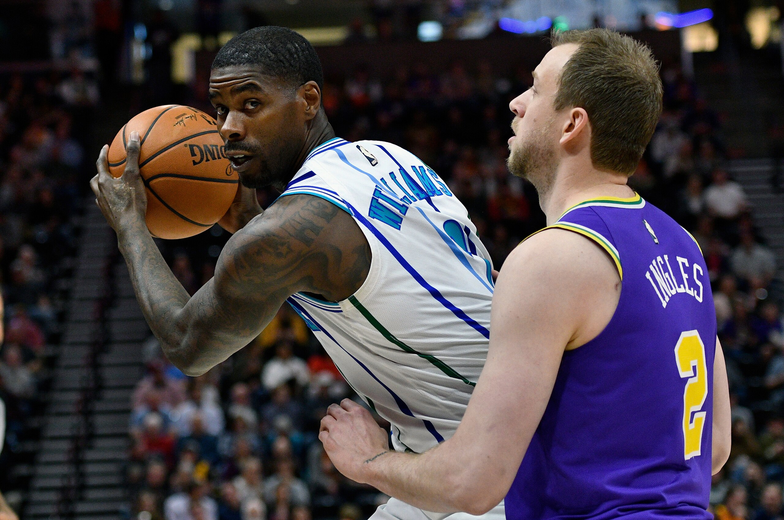 SALT LAKE CITY, UT -APRIL 01: Marvin Williams #2 of the Charlotte Hornets looks around the defense of Joe Ingles #2 of the Utah Jazz in the first half of a NBA game at Vivint Smart Home Arena on April 01, 2019 in Salt Lake City, Utah. NOTE TO USER: User expressly acknowledges and agrees that, by downloading and or using this photograph, User is consenting to the terms and conditions of the Getty Images License Agreement. (Photo by Gene Sweeney Jr./Getty Images) SALT LAKE CITY, UT -APRIL 01: Marvin Williams #2 of the Charlotte Hornets looks around the defense of Joe Ingles #2 of the Utah Jazz in the first half of a NBA game at Vivint Smart Home Arena on April 01, 2019 in Salt Lake City, Utah. NOTE TO USER: User expressly acknowledges and agrees that, by downloading and or using this photograph, User is consenting to the terms and conditions of the Getty Images License Agreement. (Photo by Gene Sweeney Jr./Getty Images)