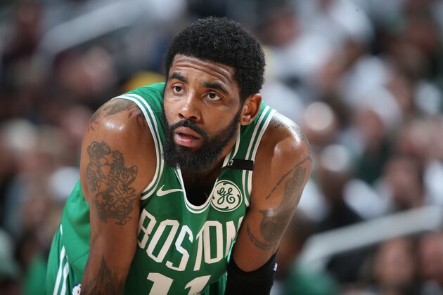 MILWAUKEE, WI - APRIL 30: Kyrie Irving (11) of the Boston Celtics rests during the game against the Milwaukee Bucks during Game Two of the Eastern Conference Semi Finals of the 2019 NBA Playoffs on April 30, 2019 at the Fiserv Forum Center in Milwaukee, Wisconsin. NOTE TO USER: User expressly acknowledges and agrees that, by downloading and or using this Photograph, user is consenting to the terms and conditions of the Getty Images License Agreement. Mandatory Copyright Notice: Copyright 2019 NBAE (Photo by Nathaniel S. Butler/NBAE via Getty Images).